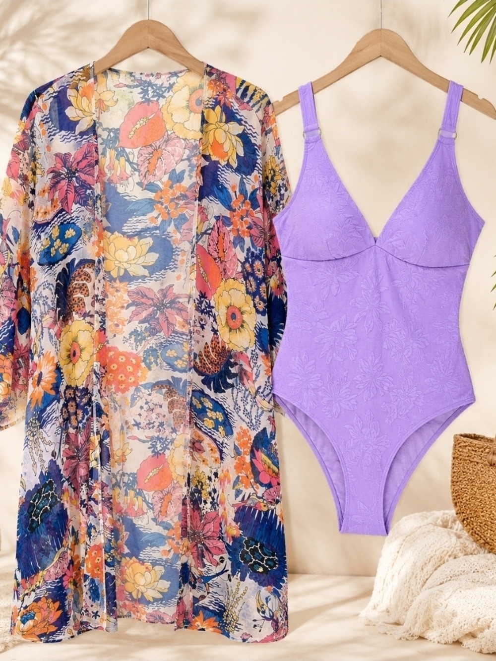 Shade & Shore Purple Swimsuit & Floral Kimono Cover Up Set Size L